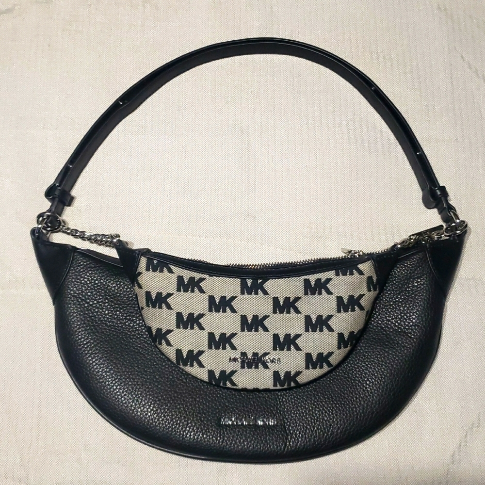 Michael Kors Leather Black and Grey Logo Shoulder Crossbody Bag Silver Hardware